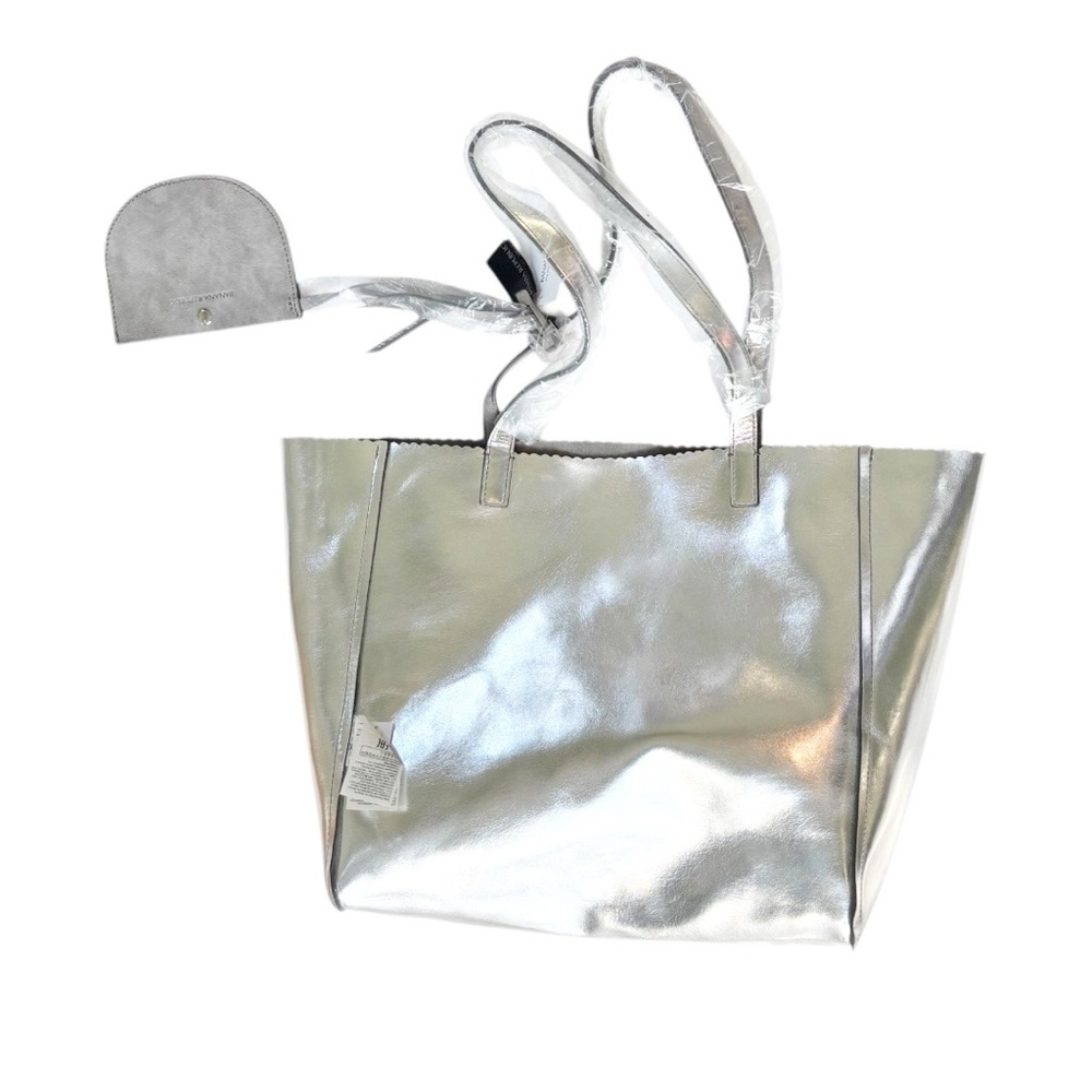 Banana Republic Reversible Leather silver metallic tote +attached snap-out pouch